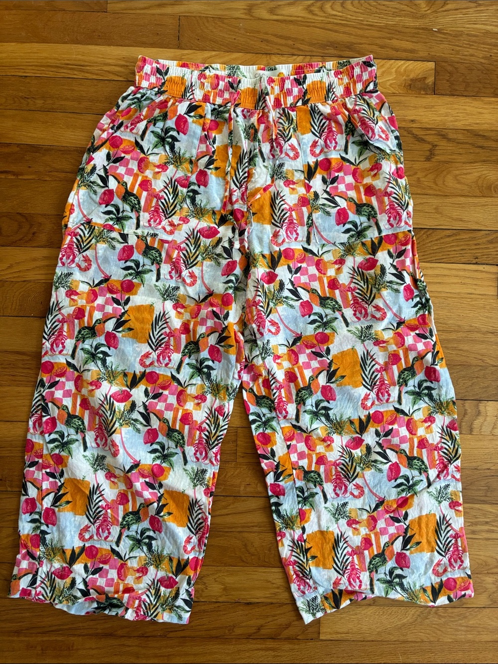 C&C California Linen Pants Large Wide Leg Crop Tropical Colorful Elastic Loose
